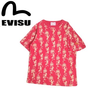 極美品 名作 EVISU 骸骨 宴 家紋 総柄 半袖Tシャツ メンズ38 エビス エヴィス ヤマネ yamane レッド スカル 赤 2404289