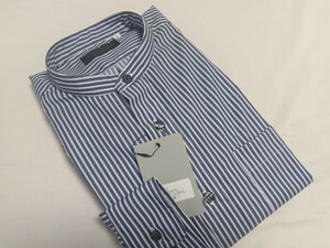 Ｌ寸・新品／日本製・スタンドカラーシャツ●ネイビー色ストライプ