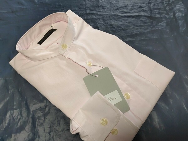 LL寸・新品／日本製・無地スタンドカラーシャツ■ライトピンク色シャンブレー