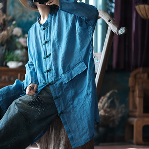 新作 ロングカーディガン アンティーク風 洋服ミックス ロマンファッション ポップ 楽ちん 個性豊か ブルー 麻 リネン 薄手