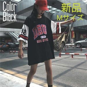 【新品】ビッグ ラグラン Tシャツ レディース　BLACK 半袖 プリントアクセント ロンT ブラック