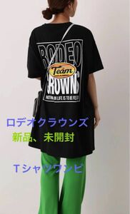 【セール中】新品、未開封、タグ付き】ロデオクラウンズ★アウトドアパターンアップリケTシャツワンピース　Tシャツ★黒　チュニック　