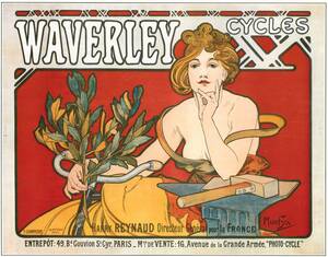 ミュシャ　『ウェイバリー自転車のポスター』 リトグラフ 1898年 38x30cm 複製画 高品質◆ グラッセ クリムト アールヌーヴォー 版画