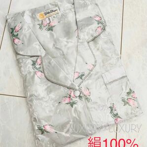 M絹100%シルクパジャマ花柄上下セット長袖新品レディース女性用トップスズボン花がらリズリサ系冷え取りギフトプレゼント用に 寝巻き