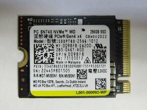 ◎中古 WD 256GB SSD SN740 NVMe PCle Gen4×4 SDDPTQD-256G-1012 使用時間:1時間 電源投入回数:18回