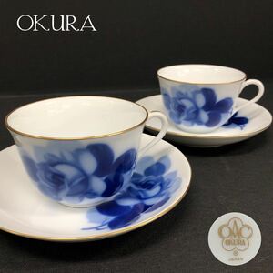 H■② OKURA 大倉陶園 ブルーローズ カップ&ソーサー 2客 セット 陶器製 金彩 バラ 青薔薇 茶器 洋食器 ティーカップ 美品 保管品 