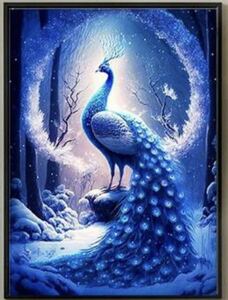 ダイヤモンドアート 雪 青 孔雀 クジャク ブルー