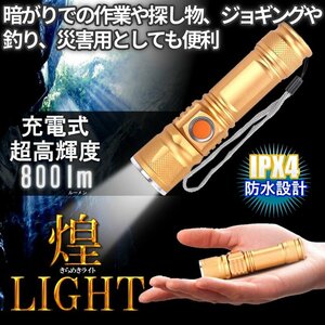 懐中電灯 ゴールド 懐中電灯 led 軍用 USB 充電式 IPX4 防水 小型 軽量 ミニライト 防災 停電 登山 スキー 800ルーメン 18650 KIRARAI