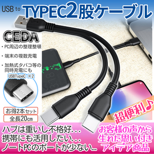 USBタイプC 2股ケーブル 枝分かれ 20cm 2本セット TypeCケーブル USB-C 充電 タイプCケーブル CEDA20