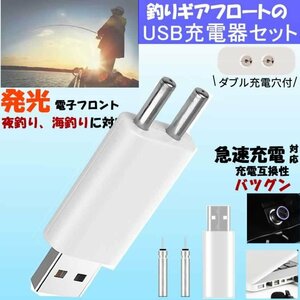 電気ウキUSB充電器セット ダブルポート釣りギアフロート充電器 発光電子フロート急速充電 使用し安全 耐久性 夜釣り 竿先ライト用 PINDENCH