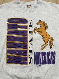 古着 90s ヴィンテージスウェット USA製 カレッジ系 MANKATO州 MAVERICKS 異端者 / レイカーズカラー 刺繍タグ