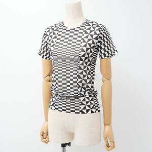 MF6346☆コムデギャルソン COMME des GARCONS 半袖 カットソー Tシャツ 透け感 薄手 幾何学模様 クルーネック ブラック×オフホワイト
