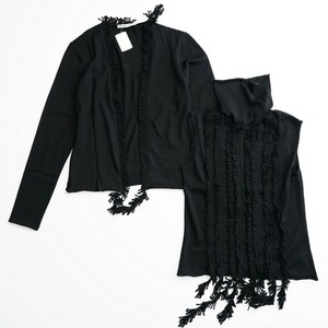 TH4149= unused * Italy made *libi hole Conte ./LIVIANA CONTI* ensemble knitted * total wool * fringe * cardigan *ta-toru neck * black 