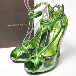 GP7186*イタリア製*ボッテガヴェネタ BOTTEGA VENETA*Size 39*メタリックレザー*ウエッジソール*ストラップサンダル*靴*グリーンの画像1