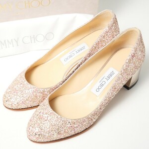 GP8271*イタリア製*JIMMY CHOO ジミーチュウ《JESSI 40》37(24cm相当) グリッター メタルヒール レザーパンプス 靴 ピンク系