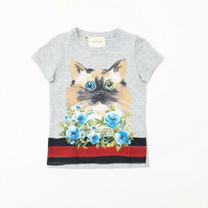 GP7337▼未使用/イタリア製▼グッチ GUCCI*猫×花*プリント 半袖Tシャツ カットソー*コットン*キャット フラワー*キッズサイズ5*グレー系