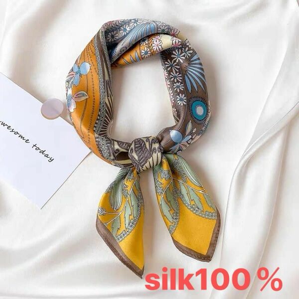 silk100 シルク 花柄スカーフ 高級感 パックチャーム 上品 /黄色