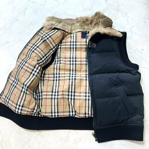 美品 BURBERRY LONDON ダウンベスト リアルファー ノバチェック リブ ダウン80% レディースＭ〜Ｌ相当 ブラック 黒 バーバリーロンドン