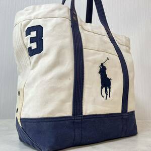 Polo RALPH LAUREN ポロラルフローレン キャンバストートバッグ 大容量 A4 紺色 ネイビー 白 刺繍ロゴ メンズ ビジネス 肩掛け可