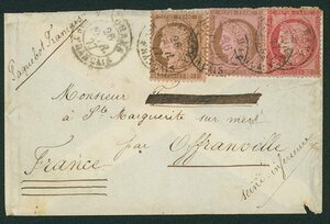 [1756] France 80c, 10c * 2 date seal 1877-02-26 YOKOHAMA-Offr