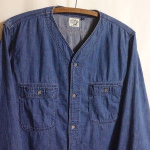 【orslow オアスロウ ノーカラー デニムシャツ 3（L）】ユーズド加工 01-8073 NO COLLAR DENIM SHIRT 01-8073-95 or slow