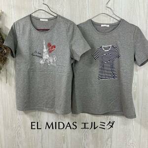 美品 EL MIDAS エルミダ Tシャツ カットソー 38/40 2枚セット 綿100％ グレー 半袖 カジュアル レディース トップス 春夏物 国産 三崎商事