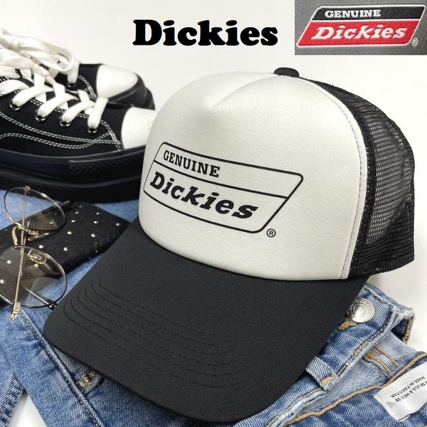 未使用品 Dickies ホワイト×ブラック メッシュキャップ ロゴプリント メンズレディースアウトドアキャンプカジュアルゴルフ ディッキーズ