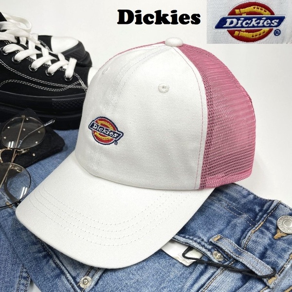 未使用品 Dickies ホワイト×ピンク メッシュキャップ メンズレディース カジュアルアメカジ アウトドア キャンプゴルフ ロゴ ディッキーズ