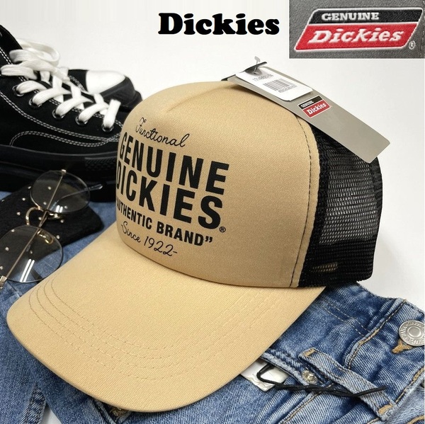 未使用品 Dickies ベージュ×ブラック メッシュキャップ メンズレディース カジュアルアメカジアウトドアゴルフジムタグ ロゴ ディッキーズ