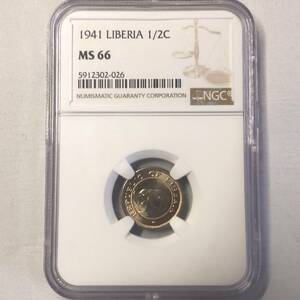 【稀少・高鑑定】1941年 リベリア 1/2セント NGC MS66 白銅貨 エレファント ゾウ モダンコイン コレクション 