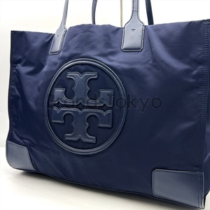 鑑定済 TORY BURCH トリーバーチ エラ トートバッグ ビジネスバック ナイロン レザー ネイビー メンズ レディース 大容量 T-42 