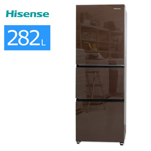 中古/屋内搬入付き Hisense 3ドア冷蔵庫 282L 60日保証 HR-G2801 ガラスドア 真ん中野菜室 ドアアラーム 右開き/ブラウン/普通