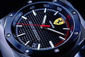 1円～1スタSCUDERIA FERRARI【スクーデリア・フェラーリ】FERRARI公式腕時計/新品本物美しすぎるIPブラックオクタゴンベゼルウレタンベルト