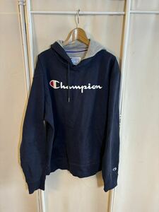 スウェットパーカー Champion チャンピオン ロゴ サイズＭ　紺系　スポーティー　アウトドア　アメリカ古着