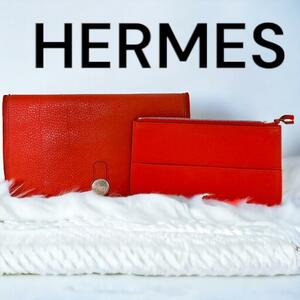 HERMES エルメス ドゴンGM レッド オレンジ トゴ レザー 二つ折り長財布 人気