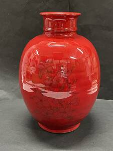 ★コレクター必見 陶器製 フラワーベース 花瓶 花器 高さ約25㎝ 赤 インテリア オブジェ 飾り コレクション T724