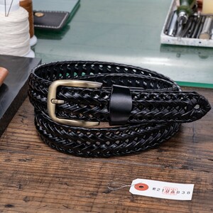 [ new goods ] original leather free shipping Italian leather men's free size belt knitting unused 1 jpy leather black black mesh rice field middle leather .
