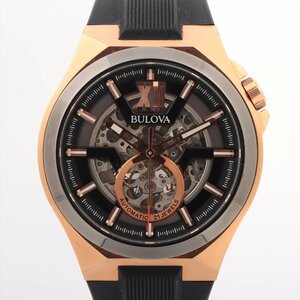 ■ 1円 ～ 正規 中古品 参定7.1万■ BULOVA ブローバ ■ クラシック マキナ 98A177 ■箱保 自動巻き RG PG ブラック 黒 スケルトン メンズ