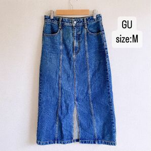 GU デニムフロントスリットミディスカート　ブルー　M