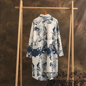 新入荷 レディース　トップス　ブラウス　ロングシャツ　素敵花柄綿麻