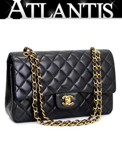 美品 シャネル CHANEL ぷくぷく マトラッセ25 Wフラップ チェーンショルダーバッグ ラム 黒 G金具 【64757】