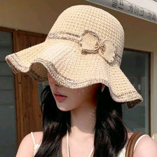 新品 ニット帽子 ストローハット リボン UVカット 紫外線対策 日焼け防止 フリーサイズ