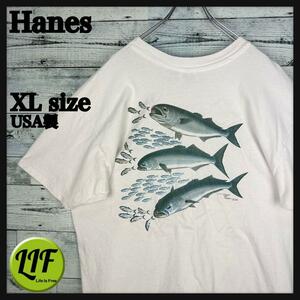 ヘインズ USA製 90s シングルステッチ アニマルプリント 魚 TシャツXL