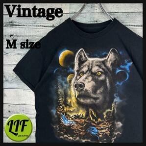 ヴィンテージ アニマルプリント オオカミ 半袖 Tシャツ ブラック Mの画像1