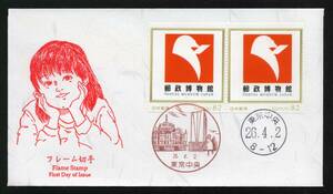 初日カバー　フレーム切手　郵政博物館　８２円　２枚貼　風景印　東京中央　２６．４．２　