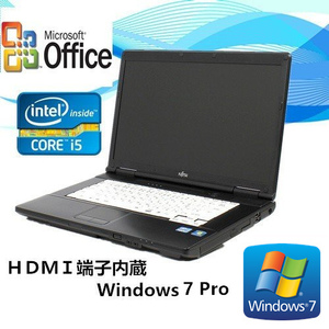 中古ノートパソコン 純正Microsoft Office 2010付 Windows 7 HDMI端子搭載 富士通 LIFEBOOK A572 Core i5 3320M 2.6G メモリ4GB15型ワイド