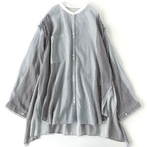 【美品】リト 定価4万円 バンドカラー ストライプシャツ リネンブレンド ブルー 青 サイズ38 Rito STRIPE SHIRT WITH OPEND SLEEVES