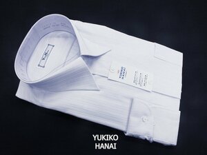 3【ユキコ・ハナイ】レギュラーカラー・普通体・年間快適 綿100％ 長袖シャツ・ライトグレー系縞・襟回り40㎝-裄丈84㎝