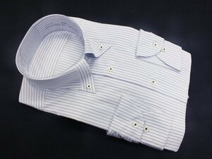 06【LEGENDAIRE】 ボタンダウン・綿100％ 態安定長袖シャツ・普通体・グレー系の縞・襟回り39㎝-裄丈82㎝