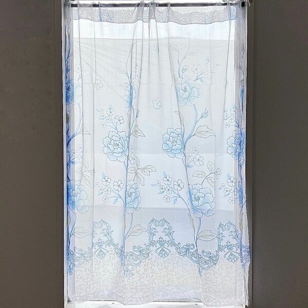 幅94×丈106 カフェカーテン 花柄 ブルー ラメ 1枚 のれん 小窓
